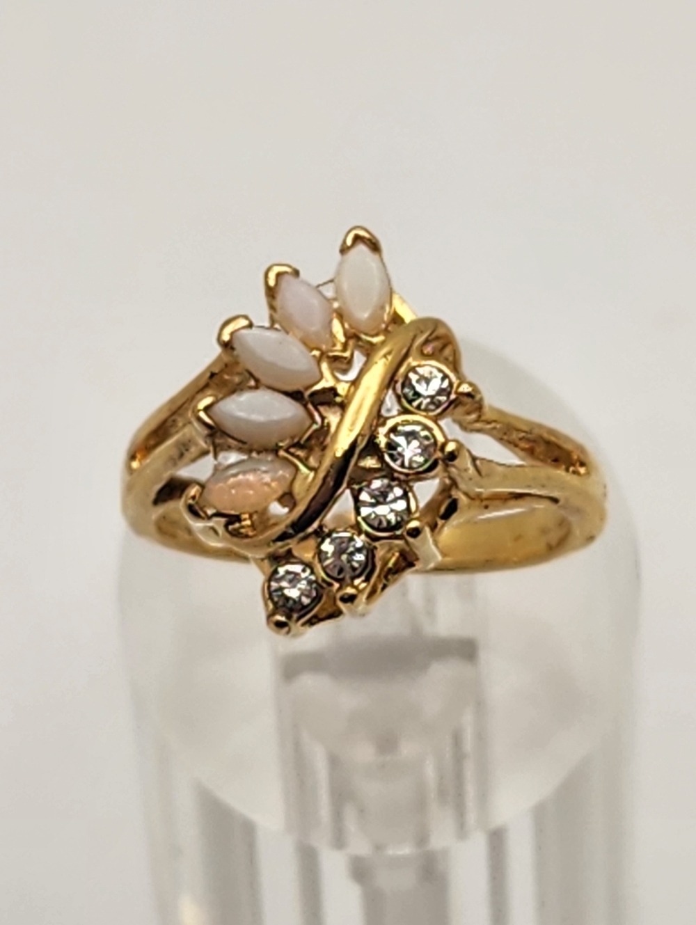 Vintage Uncas Gold Tone Faux White Opal & Rhinestone Cocktail Ring (8.25)